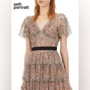 🔥SELF PORTRAIT X REVOLVE grey & nude beaded sequin mesh leaf MINI DRESS medium